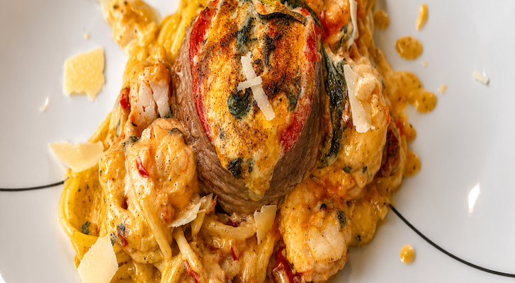 Shrimp Alfredo Pasta with Spinach & Cream Cheese Salmon Roll-Ups