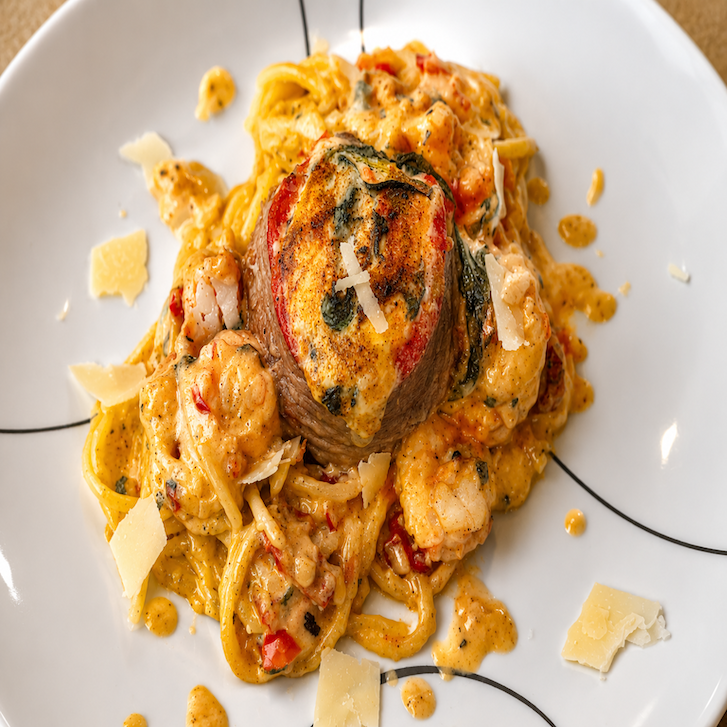 Shrimp Alfredo Pasta with Spinach & Cream Cheese Salmon Roll-Ups